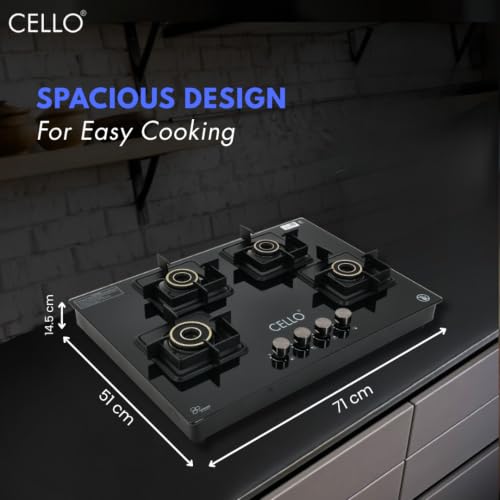 Image of Cello Classic Plus 4 Burner Gas Stove | Glass Hob Top Cooktop with Brass Burners | 8mm Toughened Glass | ISI Certified | Manual Ignition | Flame Guard Pan Supports | Premium Black