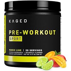 Kaged Sport Pre Workout Powder للرجال والنساء، مانجو لايم، معتمد من الرياضة، 188 ملغ من الكافيين، مكمل أكسيد النيتريك، بيتا ألانين للطاقة، رفع الأثقال، القدرة على تحمل القلب والقوة، 20 حصة
