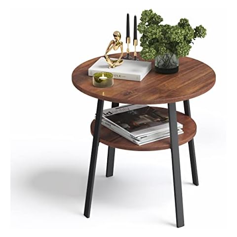 Stardis Side Table Round Sturdy Metal Frame / Wood Diameter 52 x Height 54 cm 2 Shelves Bedside Table Coffee Table for Living Room Bedroom Walnut Look Cover