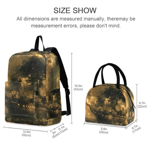 Backpack Lunch Box Set Large Capacity Travel Backpacks and Insulated Lunch Bag for Commute Hiking Picnic Surreal Boat Print2