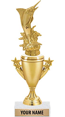 Fish Marlin Trophies - Gold - Fish Marlin Trophy Award - Custom Engraving On White Marble Base - 1 Pack Prime