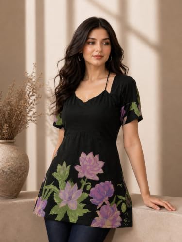 Image of Women's Floral Laila Cut Short Kurti Cotton V-Neck with Lining, Lightweight Short Sleeve Tunic, Breathable, Casual & Office Wear