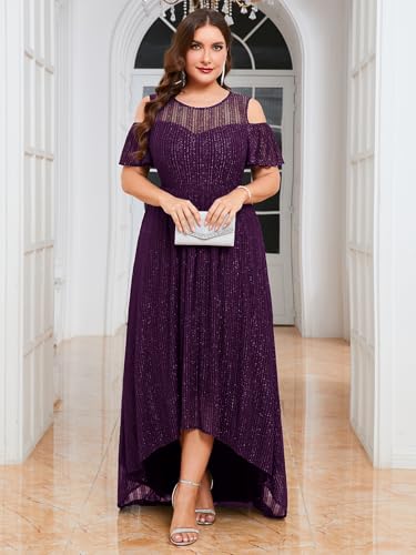 Image of ZOMVA Plus Size Sparkly Mesh Maxi Dress Cold Shoulder Ruffle Sleeve High Low A Line Dresses Wedding Guest Cocktail Party