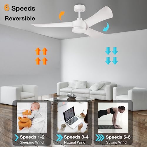 52" White Smart Ceiling Fans With Lights Remote Control,Quiet Dc Motor,Outdoor Indoor Ceiling Fan,High Cfm 6-Speed,Wifi Alexa App Workable,Dimmable Led Light,Modern 3 Blades For Bedroom Patios Porch #TOP3