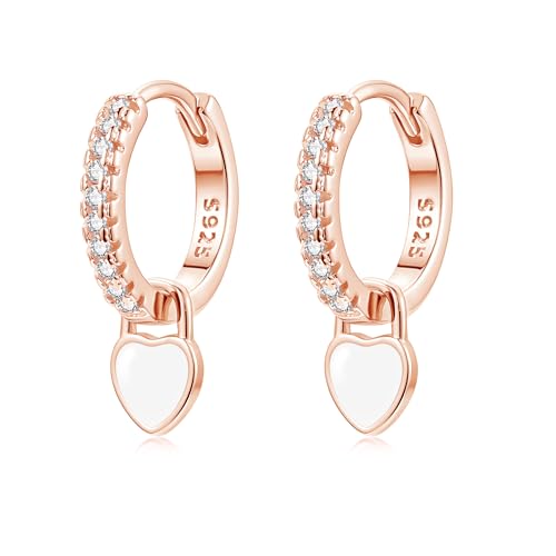 Image of Lynizo Silver Hoop Earrings for Women, Small 925 Sterling Silver Drop Earrings for Girls Teenager, 12mm Small Hypoallergenic Sleeper Dangle Earrings with White Gem Zirconia, Rose Gold Jewelry for Kids