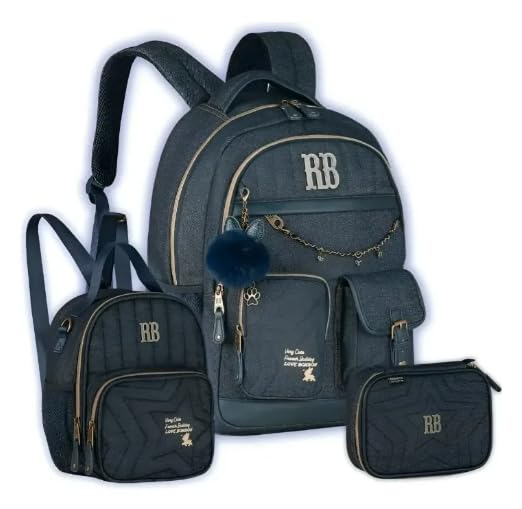 Kit Mochila de Costas Jeans Escuro Vintage Grande Official Rebeca Bonbon Lancheira Estojo
