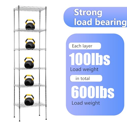 Image of BestOffice | 6-Tier Wire Storage Shelves | 17x12x64 | Chrome | with Adjustable Racks | Heavy-Duty Metal Shelf, Holds Upto 600 lbs | No-Tool Assembly | Ideal for Home & Garage Shelving