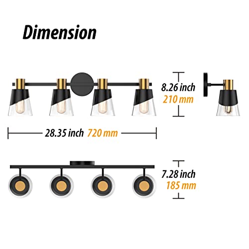 URSOLA Bathroom Light Fixtures Over Mirror 28.34 inch Vintage Vanity Light Fixtures Black and Gold Design with Bevelled Edge and Clear Glass Shade Wall Lamp (4 Lights)