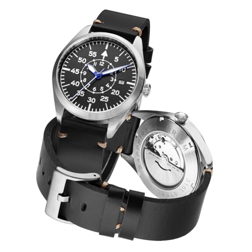 Boyarca Montre Pilote Homme Aviateur Mécanique Automatique Boîtier Acier Inoxydable Bracelet Cuir Véritable Flieger Timepieces