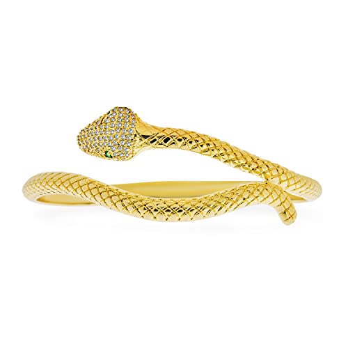 Egyptian Serpent Style Green Eye Cz Cubic Zirconia Bypass Wrapping Statement Snake Cuff Bangle Bracelet For Women 18K Yellow Gold Plated Brass #TOP1