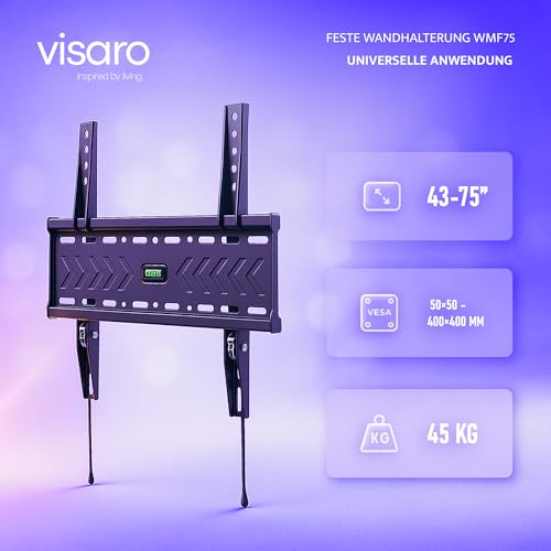 Visaro WMF75 TV Wandhalterung, Feste Halterung für 43-75 Zoll, Flach & Universal LED/LCD/OLED Fernseher, Max. VESA 400x400mm, bis zu 45kg – Bild 3