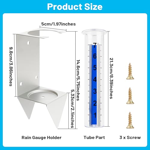 AQKILO 7 in Outdoor Rain Gauge, Removable Inch-Scale Tube, Silver Iron 4-Way Mount Bracket, 3 Screws Included, for Fence, Rail, Post, Planter or Ground