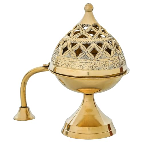 Image of Sanvatsar Traditional Brass Incense Burner, Gold, Decorative Dome Design with Lattice Pattern, Smoke Diffuser for Home (Dhoop Batti)