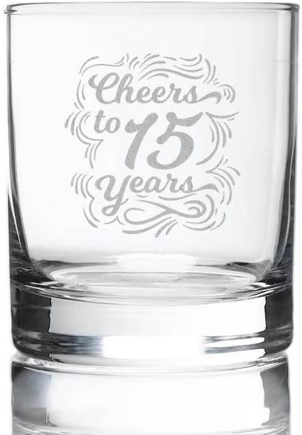 JohnPartners993 Cheers To 15 Years Whiskey Glass - Etched Sayings - Gift To Celebrate Wedding - Business - Or Work Anniversary - Gift For Him Her Couple