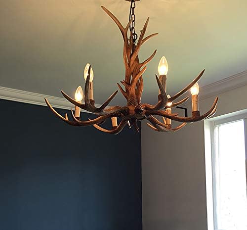 Deer Horn E12 Bulb 6-Light Iron Resin Industrial Retro Droplight Pendant lamp Ceiling lamp Antler Ceiling Light Chandelier Lighting Fixture for Restaurant Balcony Bedroom (Classic Style)