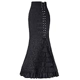 YEBIRAL Damen Röcke Vintage Viktorianischen Stil Figurbetont Hohe Taile Bandage Rüschen Jacquard Fischschwanz Meerjungfrau Langen Rock (L,Schwarz)