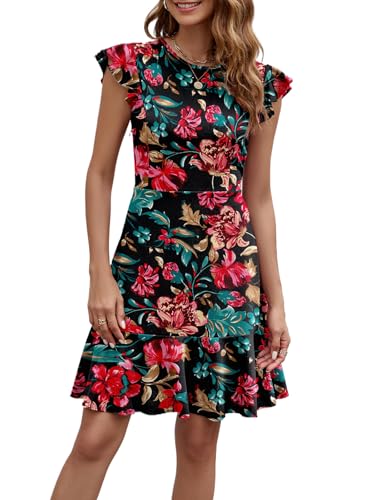 Image of HELYO Women's Summer Elegant Cocktail Club Dress Ruffle Hem Short Flutter Sleeve Flowy Wedding A-Line Casual Dresses 619