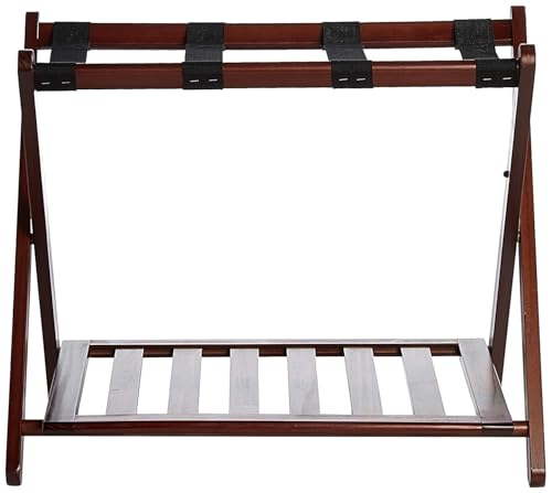 Image of Priti Solid Wood Foldable Luggage Rack with Shelf for Bedroom & Hotel | Heavy Duty Nylon Straps | Space Saving Suitcase Stand | Shoe Storage Bottom Rack | Premium Dark Walnut Finish