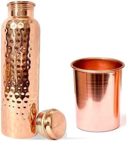 1 Copper Water Bottle With 1 Copper Glass, Drinkware Set Drinking Item Drinkware Serveware Copper Item For Kitchen Use- Pack of 2 (1000 Ml Bottle and 300 Ml Glass)
