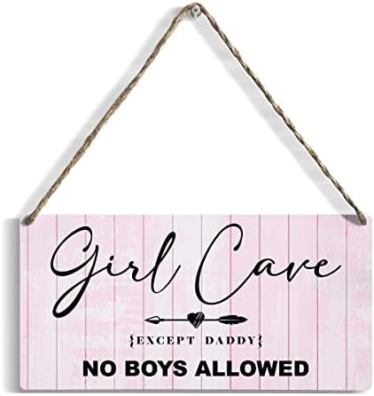Rustic Wood Sign Home Farmhouse Wall Hanging Decor Girls Room Decor Funny Pink Wooden Wall Art Decor Decorative Plaque Sign for Teen Girls Living Room Bedroom Decor Girls Cave No Boys Allowed