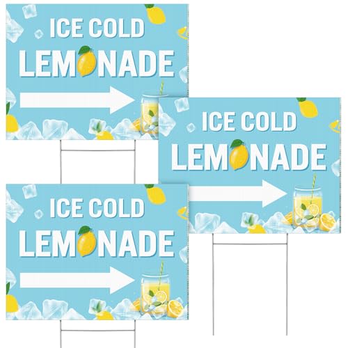 Weysat 3 Sets 12' x 16' Summer Lemonade Yard Sign and Stake Double Sided Corrugated Plastic Arrow Sign Lemonade Stand Supplies Decorations for Outdoor Yard Advertise