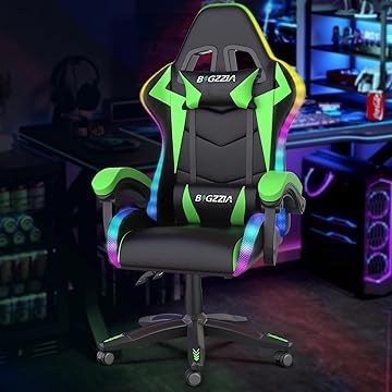 Ergonomic Gaming Chair with LED Lights Headrest Lumbar Support Reclining Backrest and Adjustable Height for Adults (With Led Light Green)