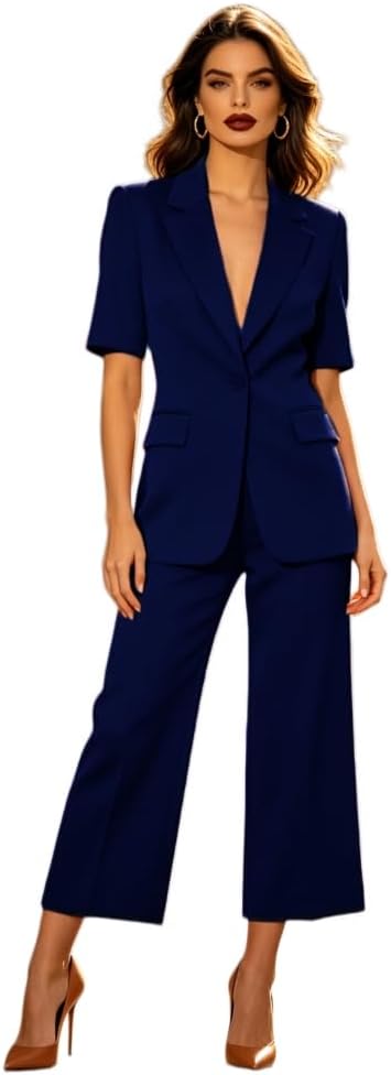 Womens 2 Piece Outfits Blazer Suit Set Short Sleeve Pants for Business Office Dressy Casual Wedding Guest
