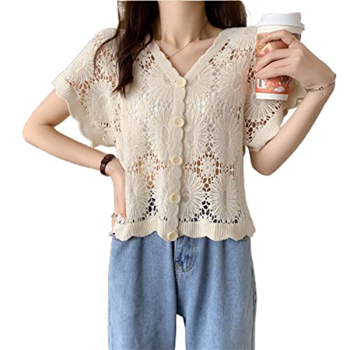 Cottagecore Clothing Fairy Grunge Clothes Fairycore Shirt Women Short Sleeve Crochet Hollow Out Flower Lace Cropped Cardigan