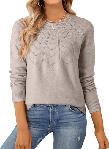 SHEWIN Sweaters for Women Crochet Long Sleeve Crew Neck Sweater Lightweight Shirts Tops Fall Fashion 2025