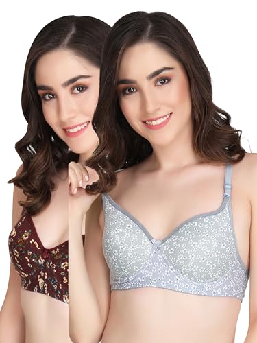 Image of Flower Print Bra for Women - Made of Pure Cotton Full Coverage Non Wired Pushup Soft Cup for T-Shirt Saree Dress Sports Garment for Daily Use Everyday
