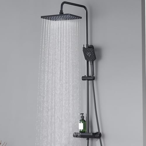 Auralum Duschsystem mit Thermostat und Glasablage Duscharmatur Komplettset mit 12 Zoll Regendusche Kopfbrause 3 Strahlarten Duschkopf Wassersparend Höhenverstellbare Duschstange Eckig Schwarz