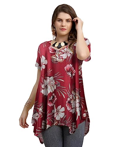 Larace Floral Tops For Women Blouses Plus Size V Neck Shirts Short Sleeve Irregular Summer Clothes Loose Flower Tees(A-Wine Red18 2X) #TOP1
