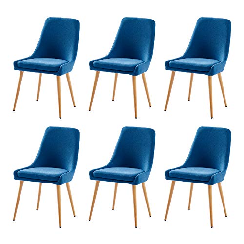 Stylifing Upholstered Dining Chairs Set of 6 Blue Fabric Modern Kitchen Chairs Wood Look Metal Legs Side Chairs for Dining Room Living Room Kitchen