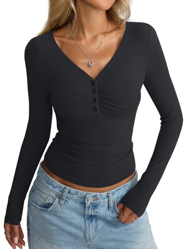 Women Cotton Long Sleeve Henley Shirts V Neck Front Ruched Tops Sexy Low Cut Fitted T-Shirt Trendy Fall 2025