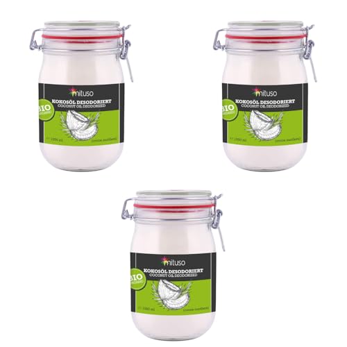 mituso Bio Kokosöl desodoriert 3 Liter | Geschmacksneutral - Ideal zum Braten, Backen, Frittieren | vegan, ohne Zusätze - Vielseitig für Haut & Haar | im Drahtbügelglas