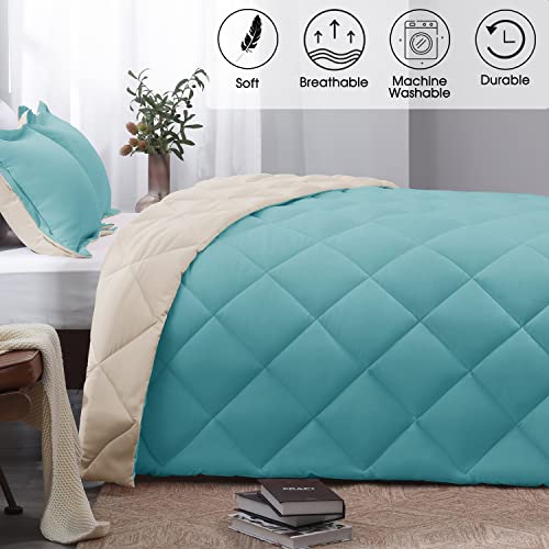 Basic Beyond Queen Comforter Set - Aqua Blue Comforter Set, Reversible Bed Comforter Queen Set For All Seasons,  Aqua/Ivory, 1 Comforter (88"X92") And 2 Pillow Shams (20"X26"+2") #TOP1