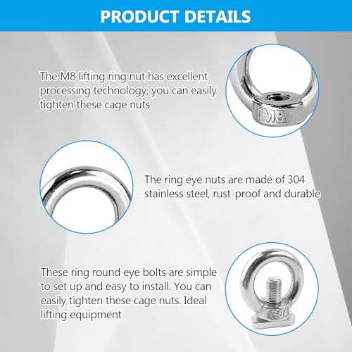 12 Stücke Augenschraube Set, Edelstahl M8-Augenmutter + M8-Hammerkopfschraube, Ösenschraube, zum Festziehen und Aufhängen, zum Stützen von Gegenständen und zum Einfachen Verbinden von Seilen (Silber)