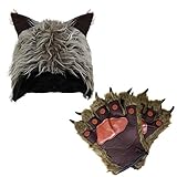 Adult Furry Wolf Ear Hat W/Text Friendly Brown Werewolf Monster Hairy Costume Gloves