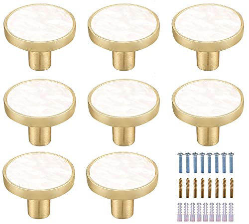 Kyrio Lot de 8 boutons de placard en laiton et marbre ronds blancs - Poignées décoratives pour tiroirs, armoires, meubles de cuisine