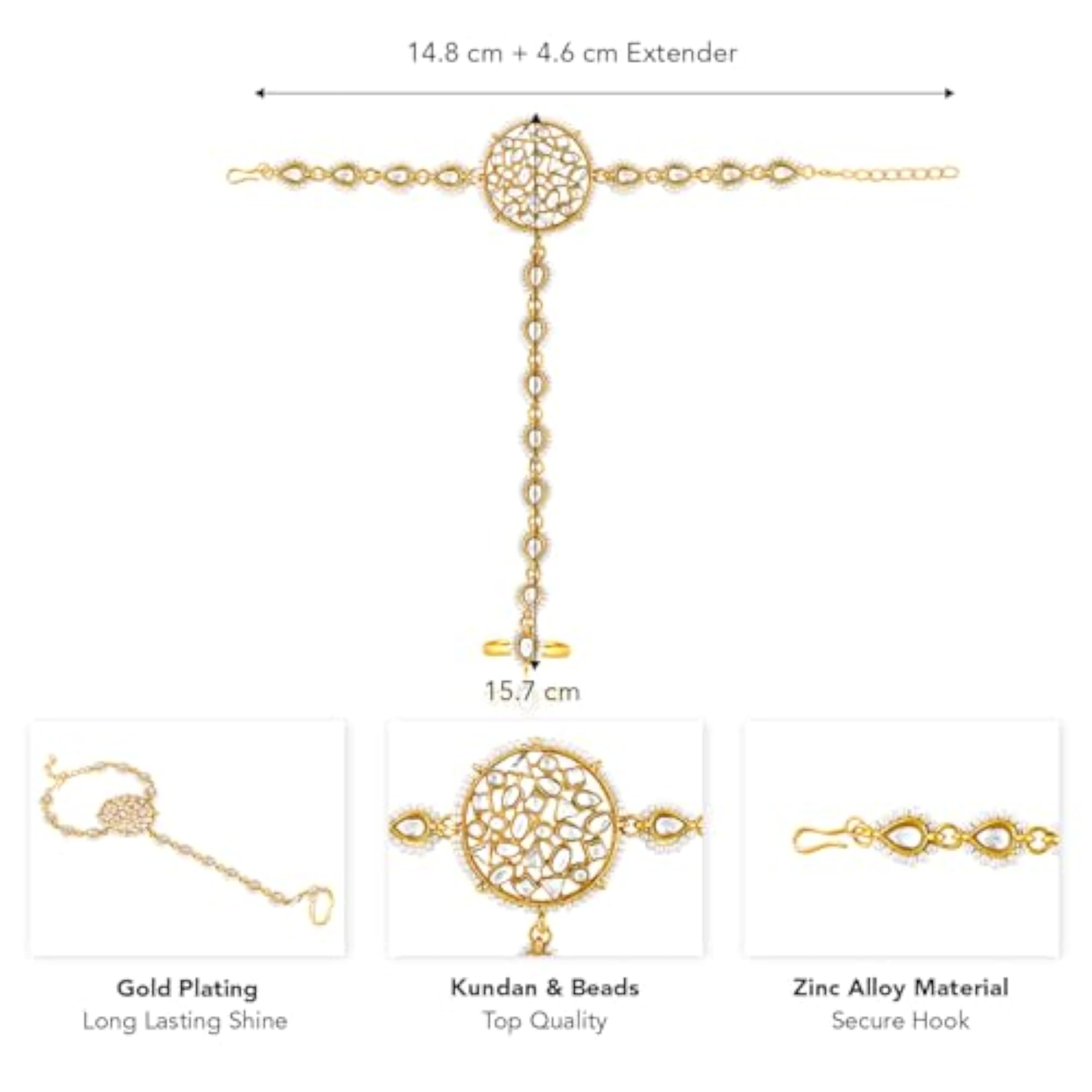 Women's Gold Plated Kundan & Beads Studded Haath Panja Haath Phool Set