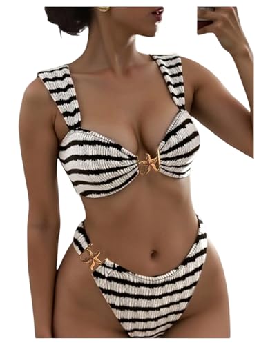 WDIRARA Women's 2 Piece Metal Starfish Brazilian Thong Bathing Suit Cheeky Bikini Set Swimsuit