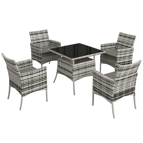 Image of Outsunny 4 Seater Rattan Dining Set with Cushions, 5 Pieces Garden Dining Set with Glass Tabletop, PE Rattan Garden Furniture Set with Dining Table and Armchairs for Patio, Balcony, Mixed Grey