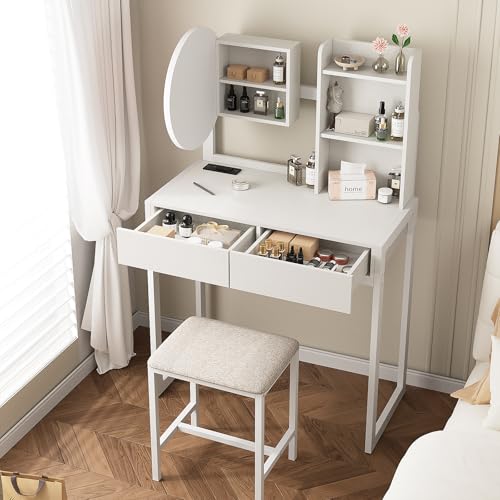 Image of VFK Small Vanity Desk with Mirror and Lights, Makeup Vanity Table with LED Mirror, 3 Lighting Modes, Power Outlet, Drawer, Open Shelves and Cushioned Stool for Bedroom (White)