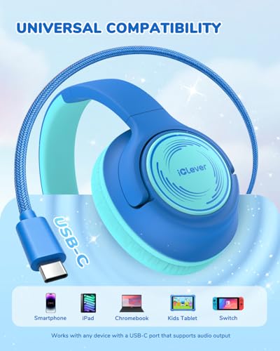 Image of iClever C371 USB C Kids Headphones with Cord for School Boys Girls Travel | SafeSound Tech3.0, Stereo Sound, Foldable, Durable Headband, Lightweight, Safe Wired Headphones for Kids, Ocean Blue
