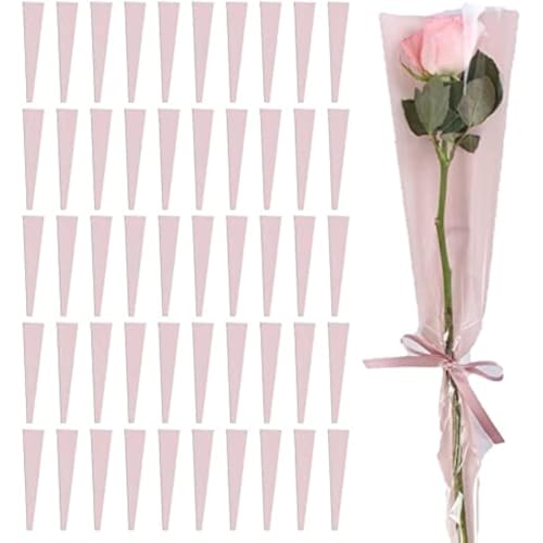 karonpeln 花包装紙 一輪用 50枚セット ローズ花束 包装 ビニール袋 シングル ピンク 三角袋 包装用紙 贈り物 プレゼント 手芸DIY 花屋 ラッピング用品 花包装材料アクセサリー 母の日 父の日 卒業式 誕生日 結婚式 バレンタイン 梱包