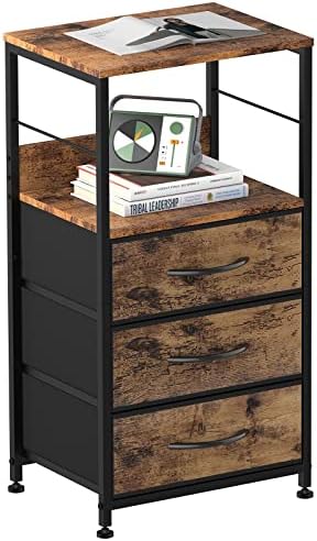 NOVIMANGO Nightstand with Drawers, Bedroom Side Table Night Stand with Storage Shelf End Table with Fabric Storage Industrial Bedside Table for Living Room Dorm, Rustic Brown and Black