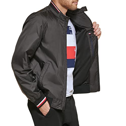 Tommy Hilfiger Men's Lightweight Varsity Rib Knit Bomber Jacket, Black Poly, Medium #TOP4