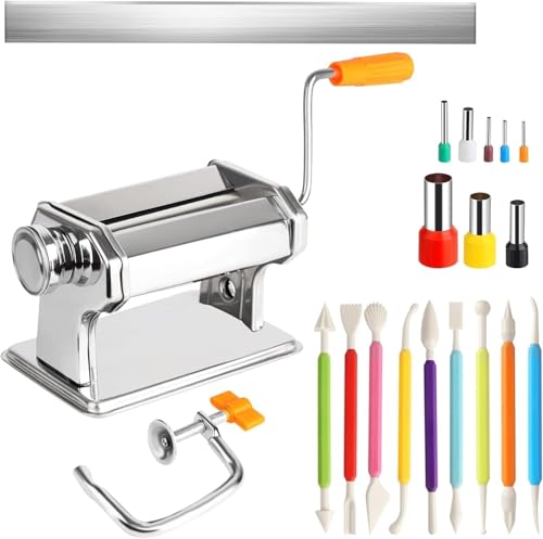 Stainless Steel Polymer Clay Roller Machine Set Includes Clay Presser Machine with 9 Adjustable Thickness Settings,8 Round Clay Cutter,9 Clay Shaping Tool and 7.87" Clay Cutter for DIY Craft Projects