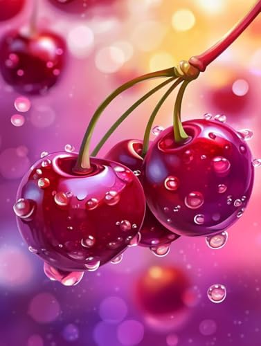 Pintar por Numeros Adultos, Pintar con Numeros Adultos fruta cereza, DIY Painting by Numbers Kits, con 3 Pinceles, Pigmento Acrílico, Paint by Numbers, Regalos Originales para Hombre 30x40cm J0-589
