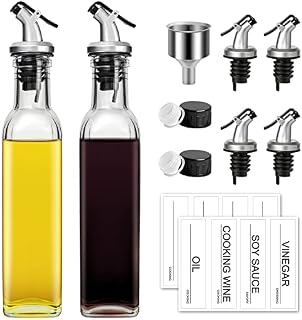 MIUSITE Oil Dispenser Bottles, 250ml Glass Oil and Vinegar Dispenser Set, No Drip Olive Oil Bottle for Kitchen, Cooking Oil Pourer Drizzler with Funnel and Labels - 2 Pack